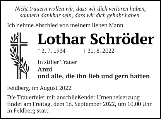 Traueranzeige von Lothar Schröder von Strelitzer Zeitung