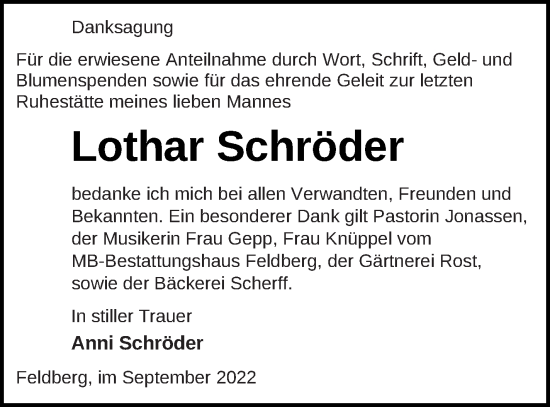 Traueranzeige von Lothar Schröder von Strelitzer Zeitung