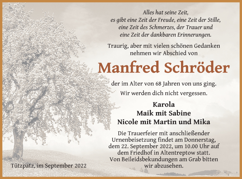  Traueranzeige für Manfred Schröder vom 16.09.2022 aus Neubrandenburger Zeitung