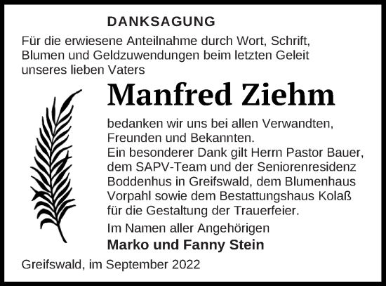 Traueranzeige von Manfred Ziehm von Demminer Zeitung