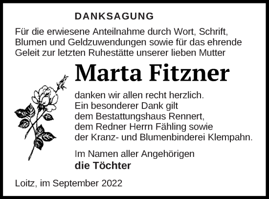 Traueranzeige von Maria Fitzner von Vorpommern Kurier