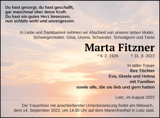 Traueranzeige von Maria Fitzner von Vorpommern Kurier