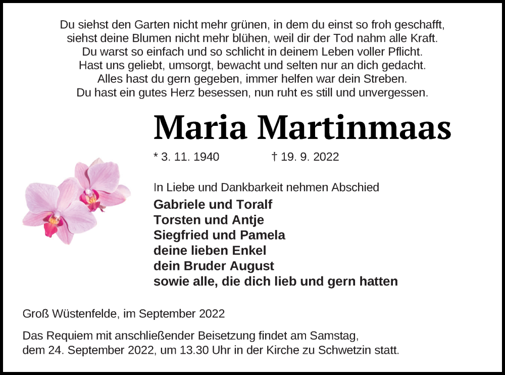 Traueranzeige für Maria Martinmaas vom 22.09.2022 aus Mecklenburger Schweiz