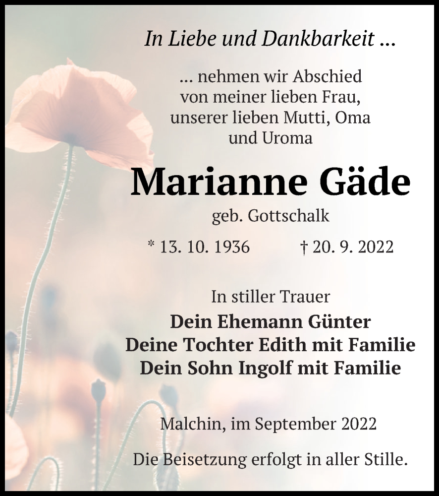  Traueranzeige für Marianne Gäde vom 23.09.2022 aus Mecklenburger Schweiz