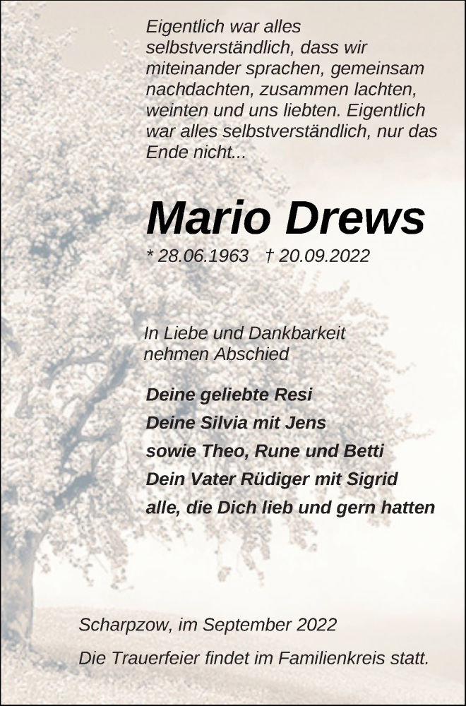  Traueranzeige für Mario Drews vom 27.09.2022 aus Mecklenburger Schweiz