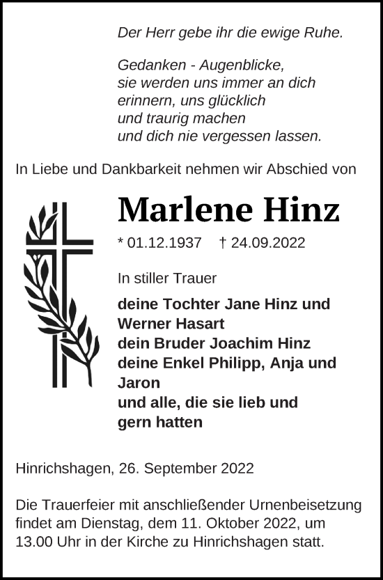 Traueranzeige von Marlene Hinz von Strelitzer Zeitung