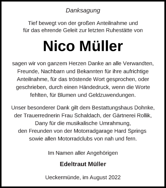 Traueranzeige von Nico Müller von Haff-Zeitung