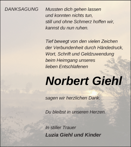 Traueranzeige von Norbert Giehl von Mecklenburger Schweiz