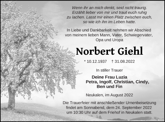 Traueranzeige von Norbert Giehl von Mecklenburger Schweiz