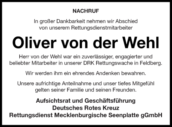 Traueranzeige von Oliver von der Wehl von Müritz-Zeitung