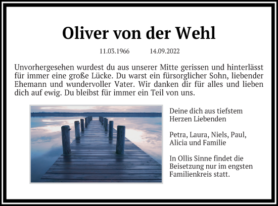 Traueranzeige von Oliver von der Wehl von Strelitzer Zeitung