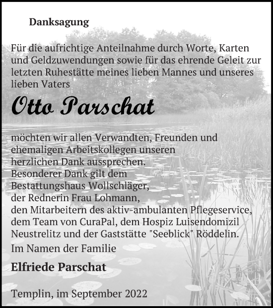 Traueranzeige von Otto Parschat von Templiner Zeitung