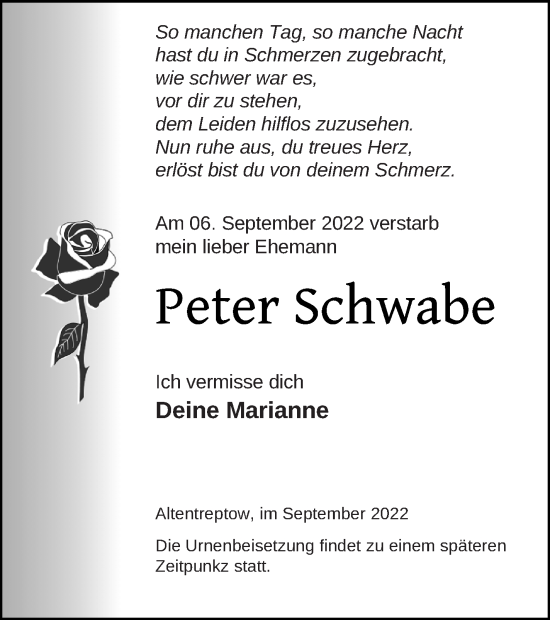 Traueranzeige von Peter Schwabe von Neubrandenburger Zeitung