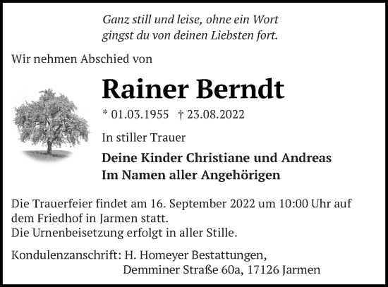 Traueranzeige von Rainer Berndt von Vorpommern Kurier