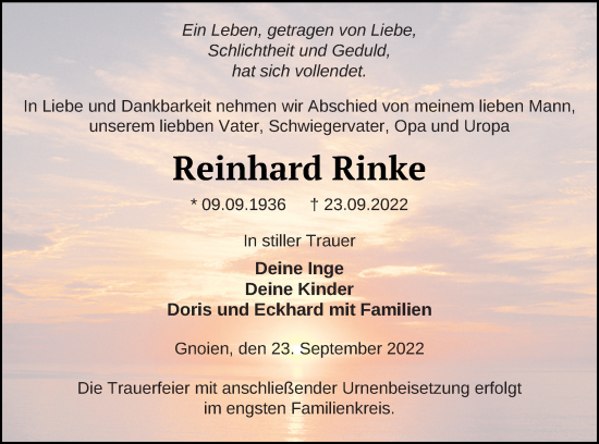 Traueranzeige von Reinhard Rinke von Mecklenburger Schweiz