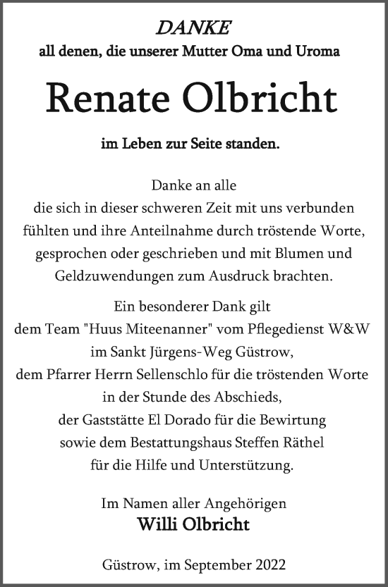 Traueranzeige von Renate Olbricht von Mecklenburger Schweiz