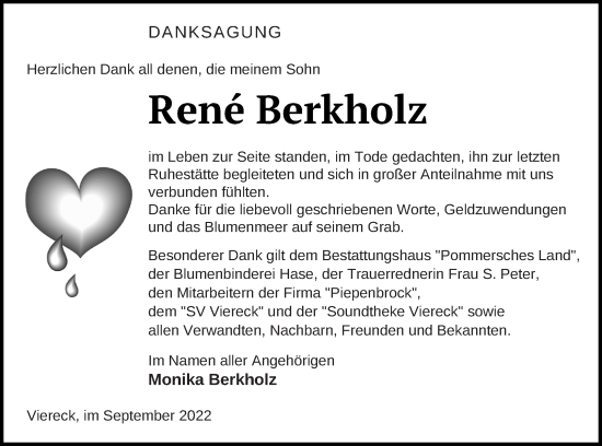 Traueranzeige von René Berkholz von Pasewalker Zeitung