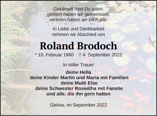 Traueranzeige von Roland Brodoch von Mecklenburger Schweiz