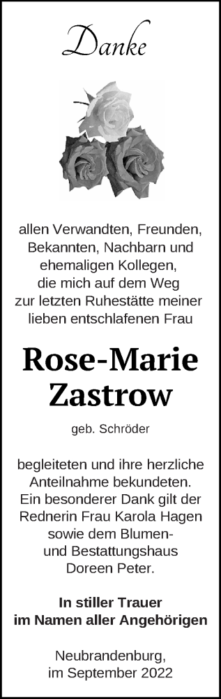 Traueranzeige von Rose-Marie Zastrow von Neubrandenburger Zeitung