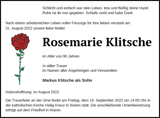 Traueranzeige von Rosemarie Klitsche von Müritz-Zeitung