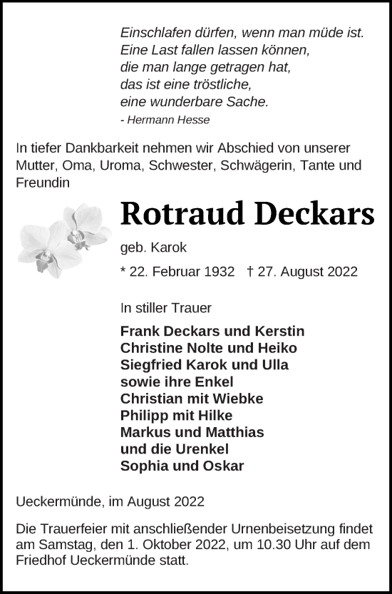 Traueranzeige von Rotraud Deckars von Haff-Zeitung