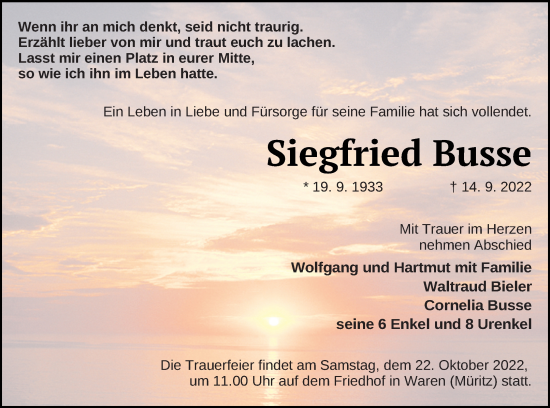 Traueranzeige von Siegfried Busse von Vorpommern Kurier