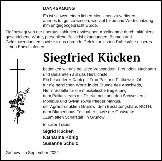 Traueranzeige von Siegfried Kücken von Prenzlauer Zeitung