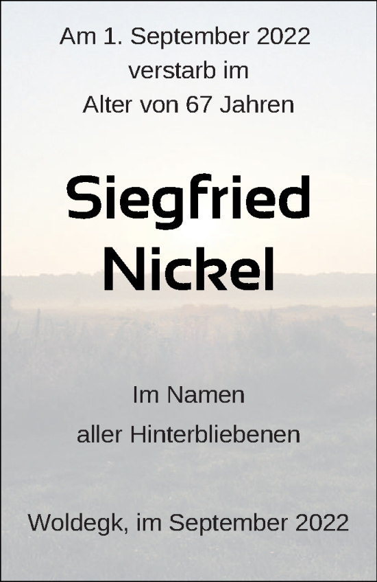 Traueranzeige von Siegfried Nickel von Strelitzer Zeitung