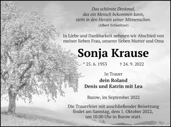 Traueranzeige von Sonja Krause von Neubrandenburger Zeitung