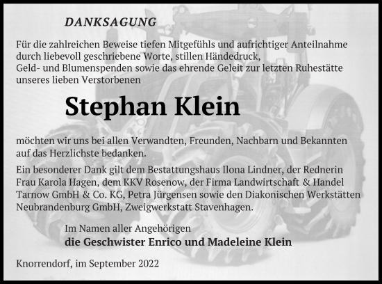 Traueranzeige von Stephan Klein von Neubrandenburger Zeitung