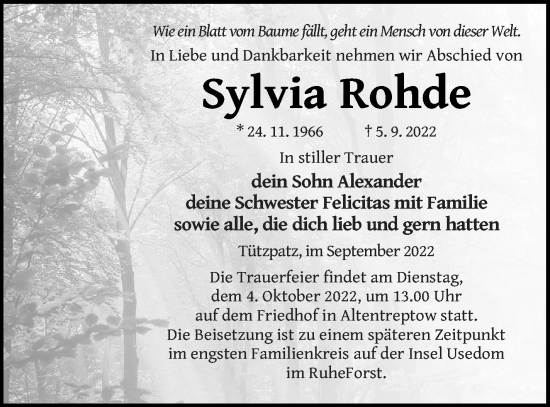 Traueranzeige von Sylvia Rohde von Neubrandenburger Zeitung