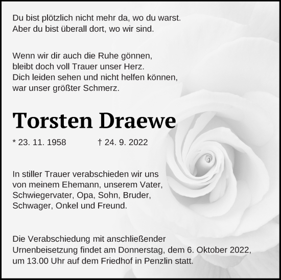 Traueranzeige von Torsten Draewe von Müritz-Zeitung