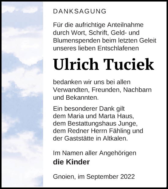 Traueranzeige von Ulrich Tuciek von Mecklenburger Schweiz