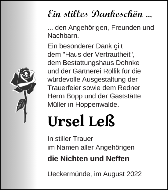 Traueranzeige von Ursel Leß von Haff-Zeitung
