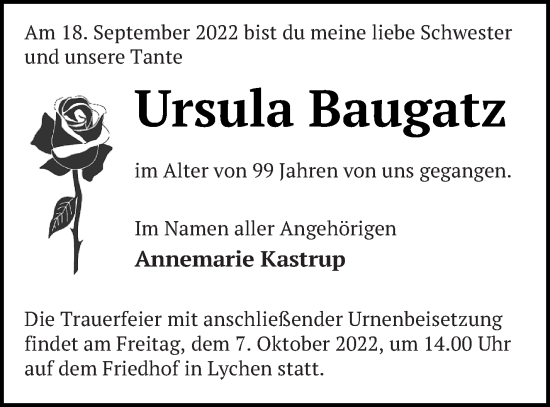 Traueranzeige von Ursula Baugatz von Templiner Zeitung