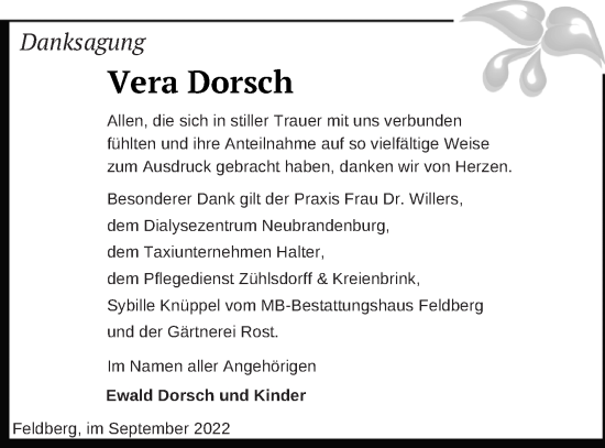 Traueranzeige von Vera Dorsch von Strelitzer Zeitung