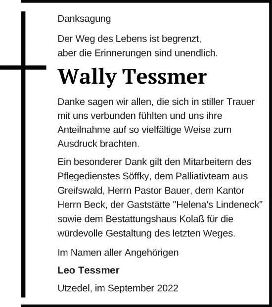 Traueranzeige von Wally Tessmer von Demminer Zeitung