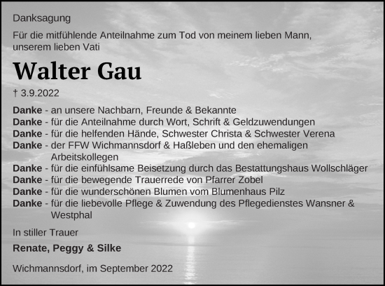 Traueranzeige von Walter Gau von Templiner Zeitung