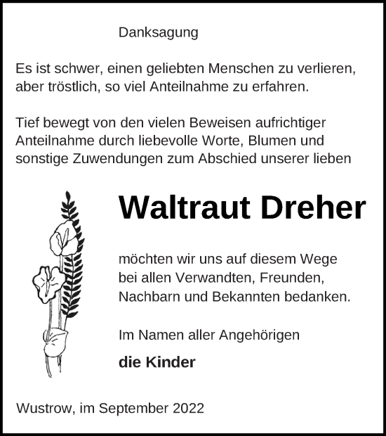 Traueranzeige von Waltraut Dreher von Strelitzer Zeitung