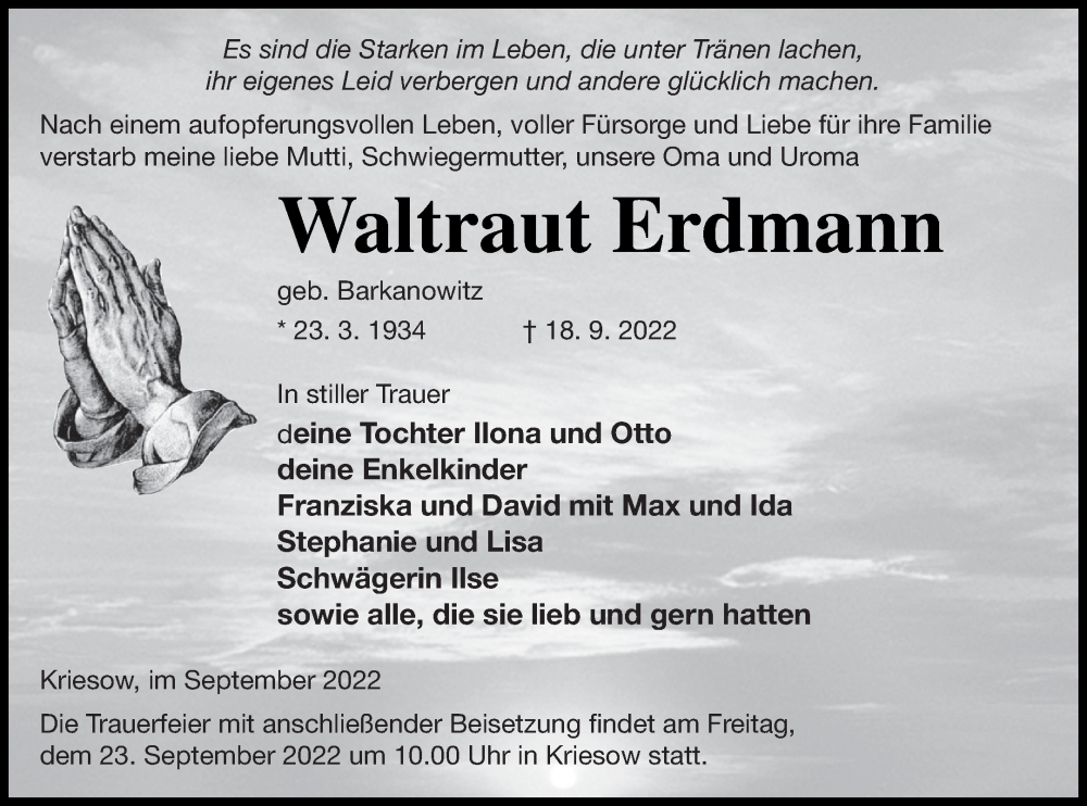  Traueranzeige für Waltraut Erdmann vom 21.09.2022 aus Neubrandenburger Zeitung