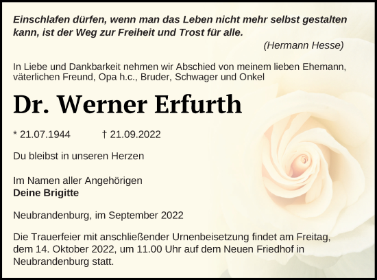 Traueranzeige von Werner Erfurth von Neubrandenburger Zeitung