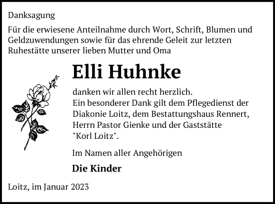 Traueranzeige von Elli Huhnke von Vorpommern Kurier