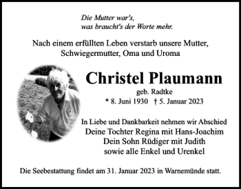 Traueranzeige von Christel Plaumann von Norddeutsche Neueste Nachrichten