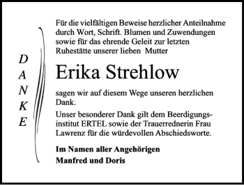 Traueranzeige von Erika Strehlow von Norddeutsche Neueste Nachrichten