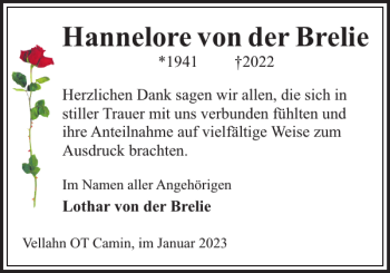 Traueranzeige von Hannelore von der Brelie von Hagenower Kreisblatt