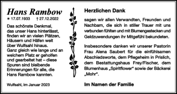 Traueranzeige von Hans Rambow von Parchimer Zeitung