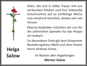 Traueranzeige von Helga Salow von Zeitung für die Landeshauptstadt