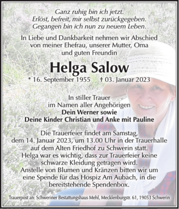 Traueranzeige von Helga Salow von Zeitung für die Landeshauptstadt