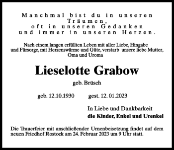 Traueranzeige von Lieselotte Grabow von Norddeutsche Neueste Nachrichten