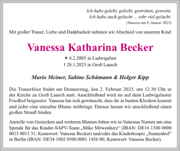 Traueranzeige von Vanessa Katharina Becker von Ludwigsluster Tageblatt